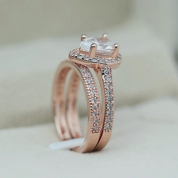 18K Rose Gold Diamond Halo Teardrop Ring Set  R - Picture 4 of 5